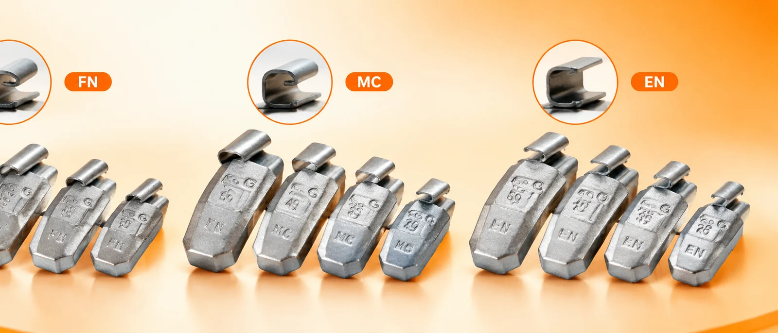 Clip-on wheel weights showing different clip profiles