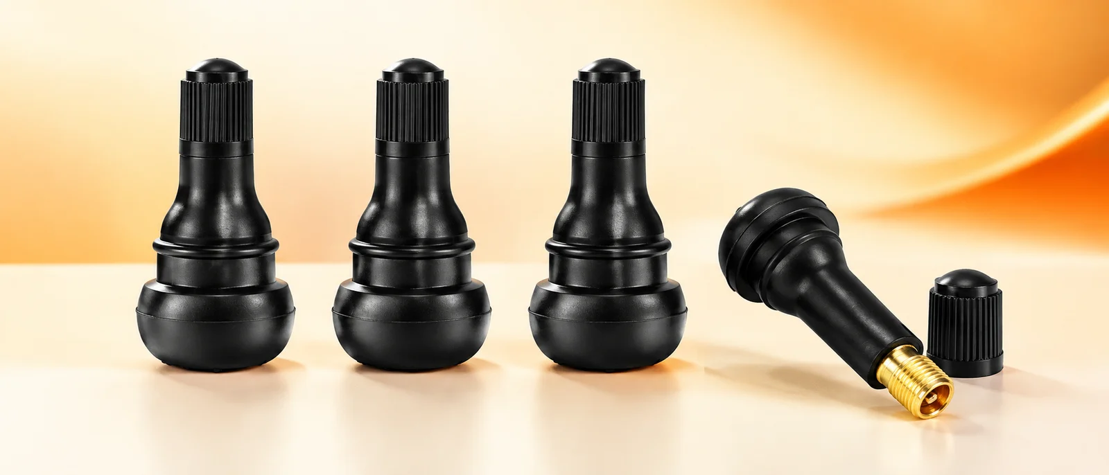 Rubber tyre valve stems in four sizes, each with a dome cap