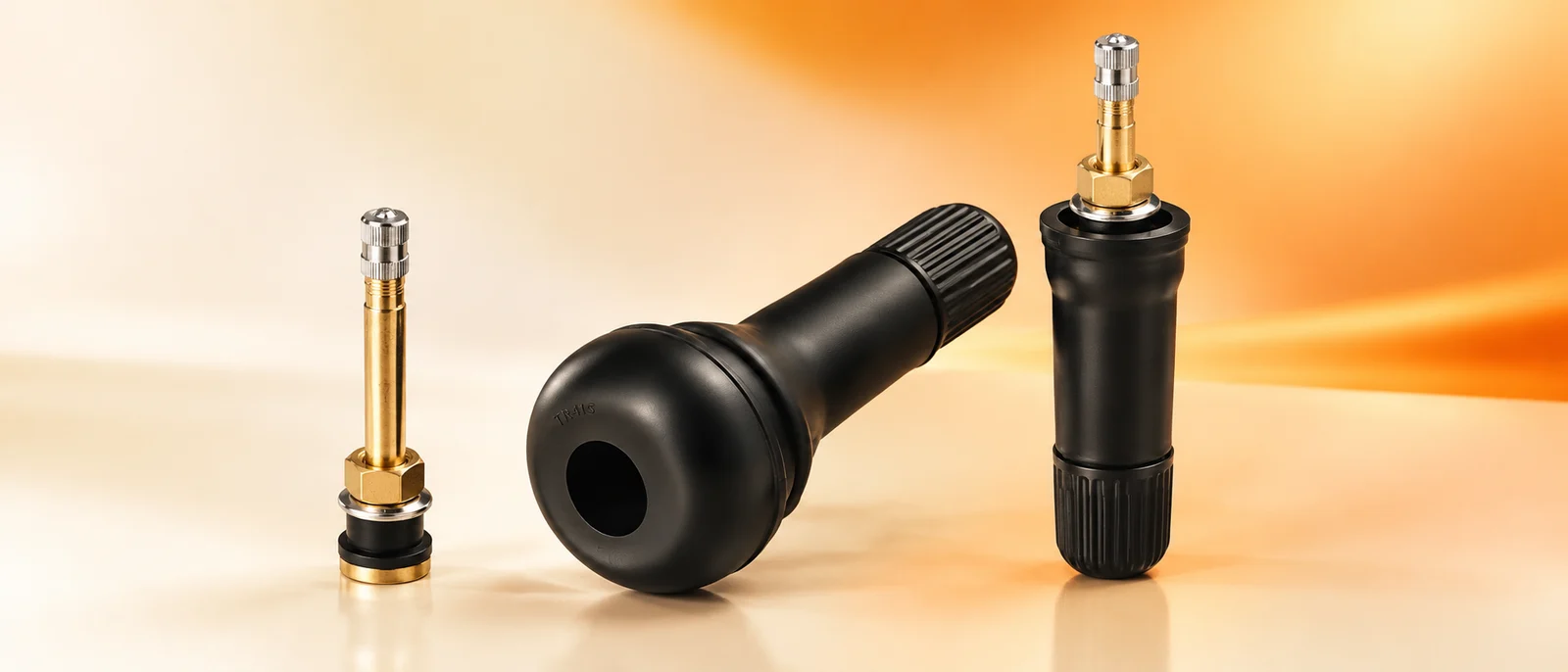 Rubber tyre valve stems with brass valve cores fitted