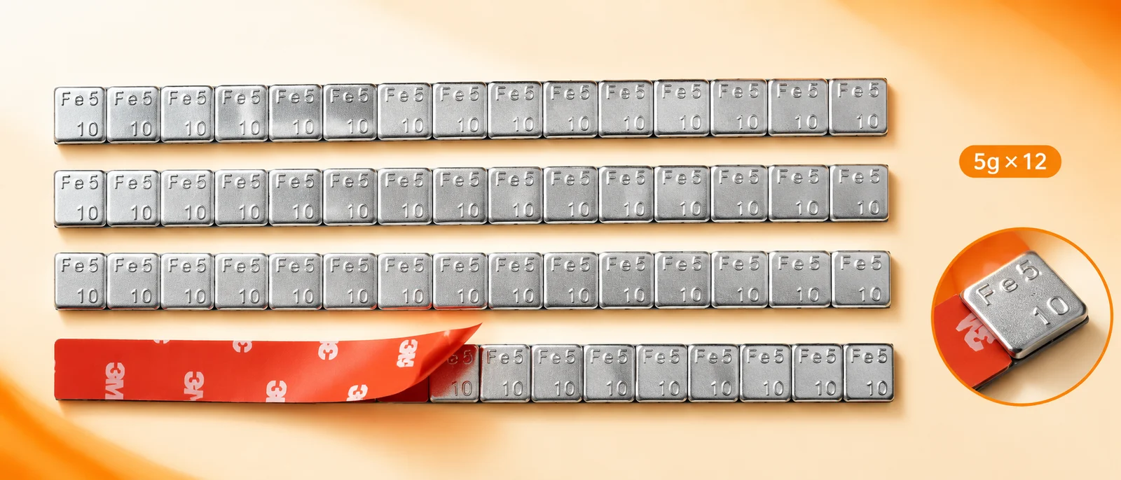 Adhesive steel wheel weight strips in 5 gram and quarter ounce segments