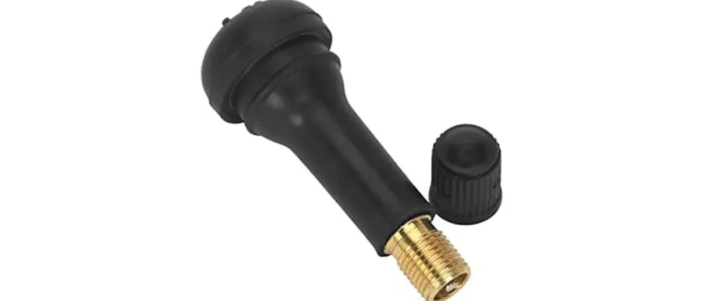 TR414 rubber snap-in tyre valve stems showing 11.5mm rim hole and 38mm length